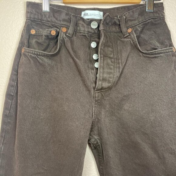 Zara Chocolate Brown High Waisted Straight Leg Jeans Button Fly - Picture 3 of 8